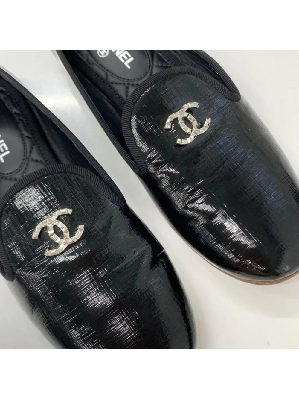 Chanel CC Logo Patent Quilted Opera Shoes Loafers Black